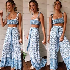 Blue Paisley Print Pants Set with Bra Top